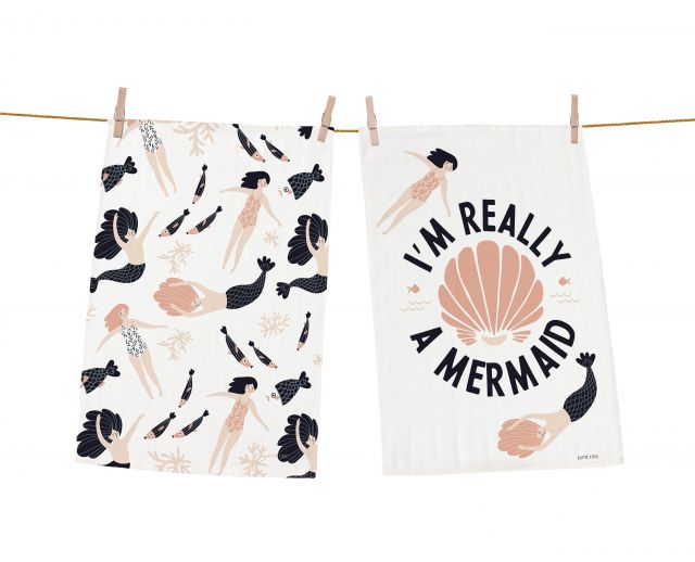 Dish towels set swim with mermaid