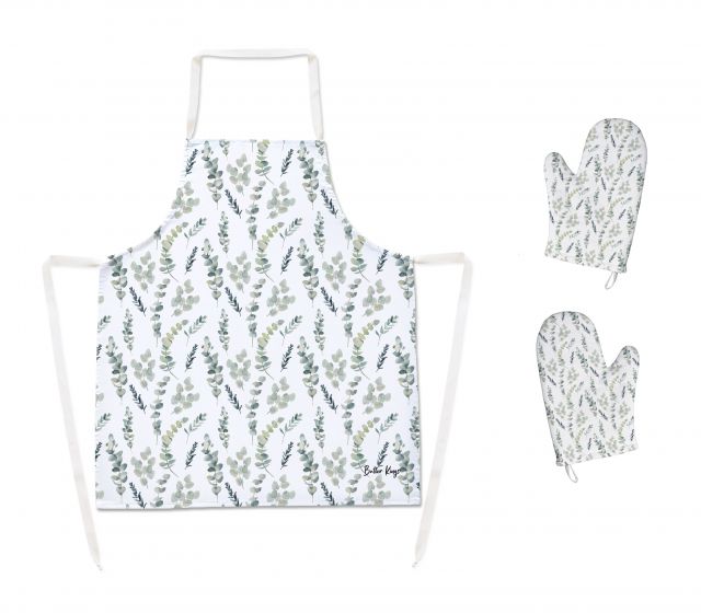 Set of aprons and oven gloves eucalyptus branches