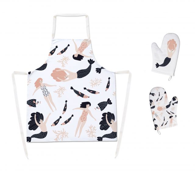 Set of aprons and oven gloves swim with mermaids