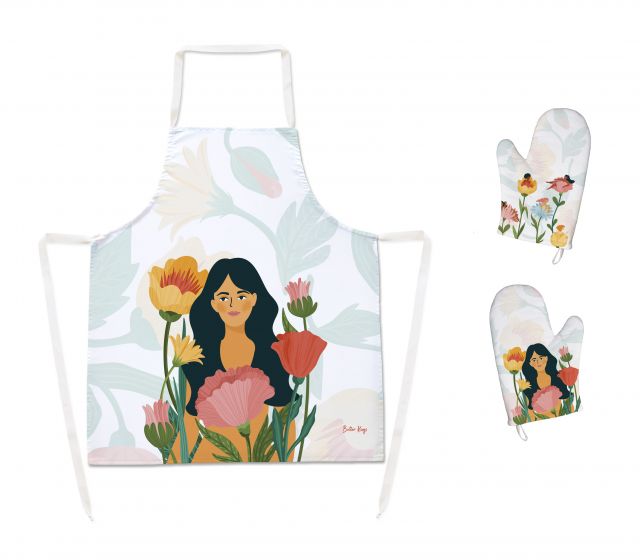 Set of aprons and oven gloves flower or woman