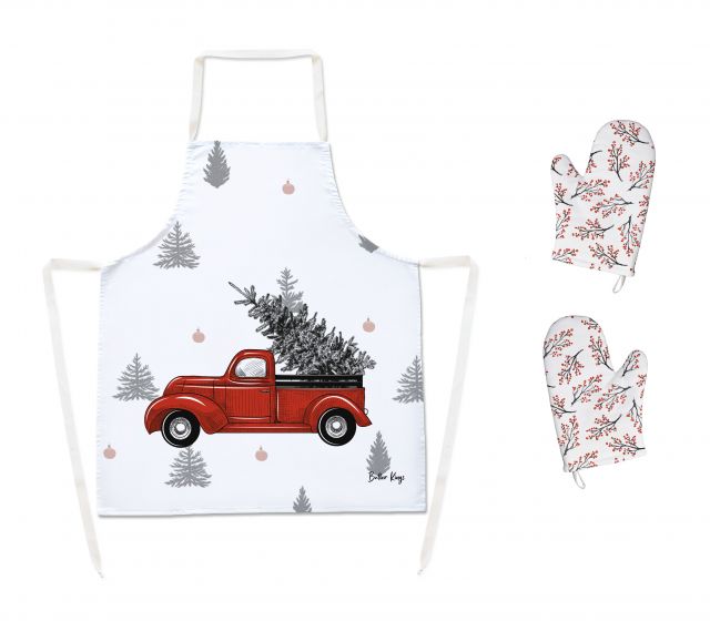 Set of apron and oven gloves Christmas truck