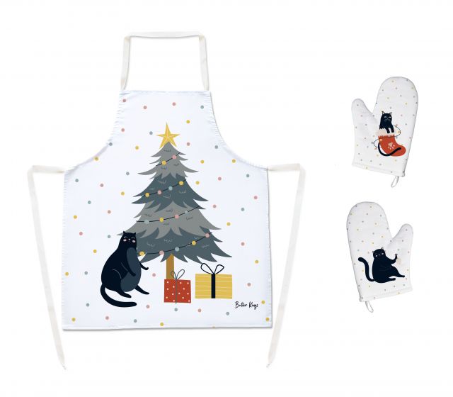 Set of apron and oven gloves crazy cat xmas