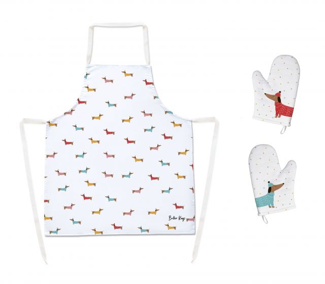 Set of apron and oven gloves holiday dachshunds