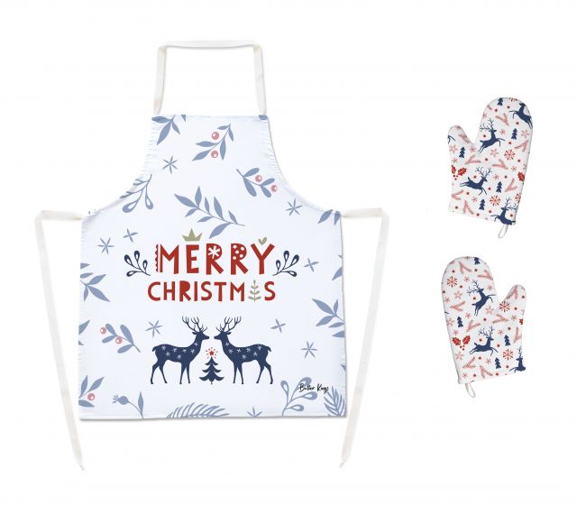 Set of apron and oven gloves blue deers