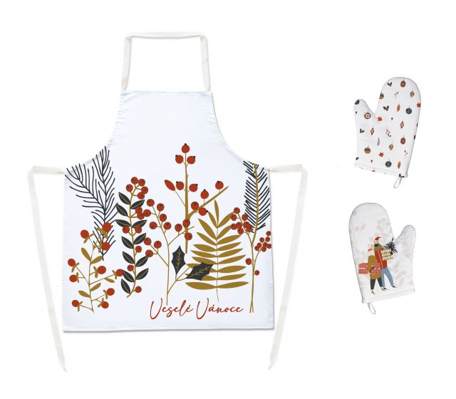 Set of apron and oven gloves Christmas twigs