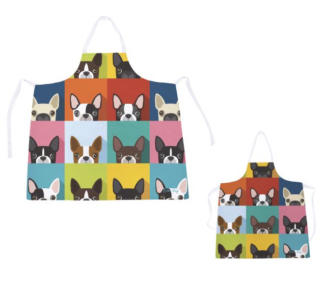 Set of adult and children's aprons which frenchie