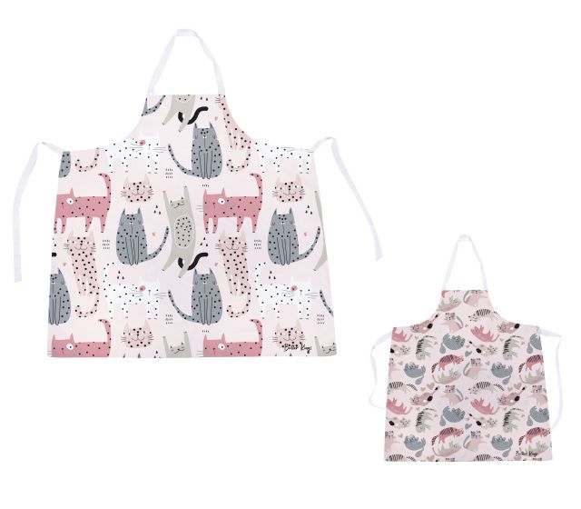 Set of adult and children's aprons meow meow