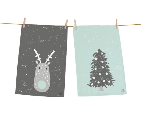 Dish towels set reindeer and tree