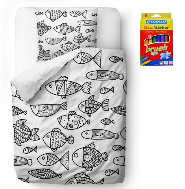 Kids coloring bedding set one fish is different