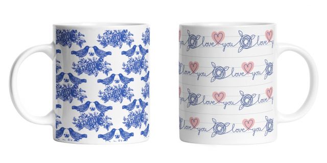 Set of 2 mugs birds with bouquets