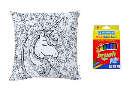 Colouring cushion unicorn in flowered meadow